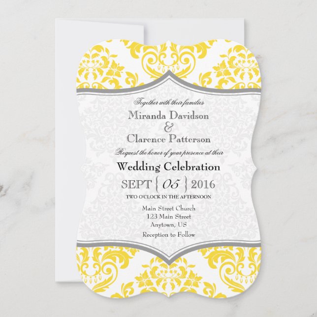 Yellow Grey Damask Bracket Wedite Invite Einladung (Vorderseite)