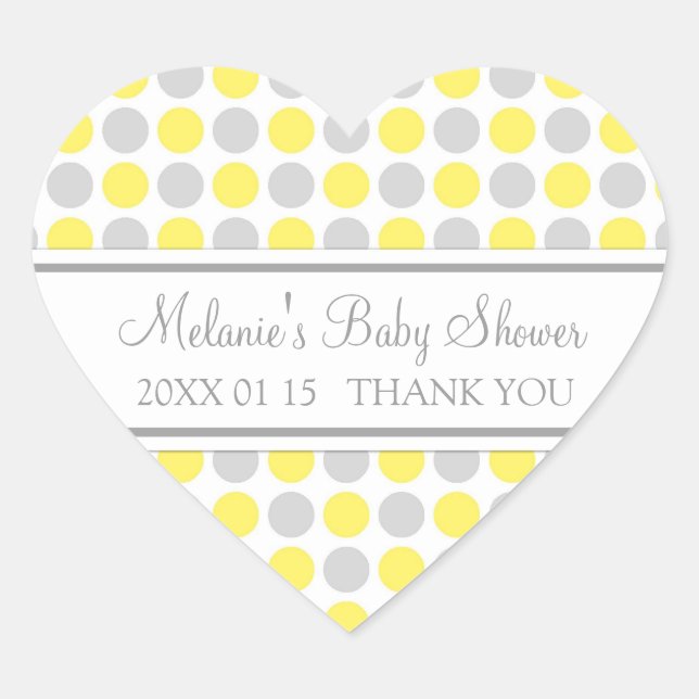 Yellow Grey Dots Baby Dusche Pflegeaufkleber Herz-Aufkleber (Vorderseite)