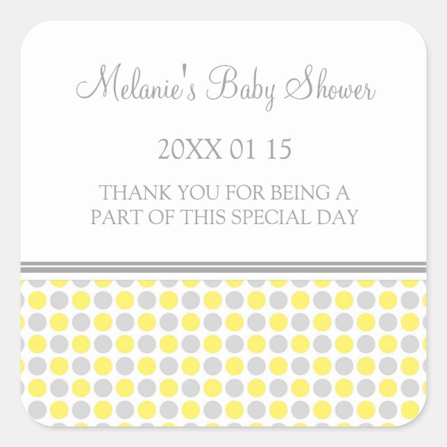 Yellow Grey Dots Baby Dusche Pflegeaufkleber Quadratischer Aufkleber (Vorderseite)