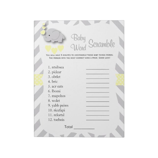Yellow & Grey Elephant Baby Shower Word Game Notizblock (Rotiert)