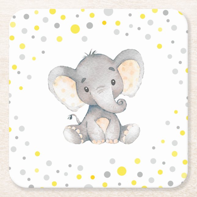 Yellow Grey Elephant Neutral Baby Shower Sprinkle Rechteckiger Pappuntersetzer (Vorderseite)
