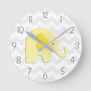 Yellow Grey Elephant Nursery Wall Clock Runde Wanduhr
