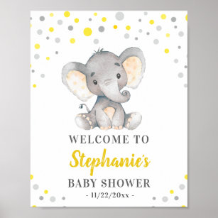 Yellow Grey Elephant Polka Dot Baby Dusche Willkom Poster