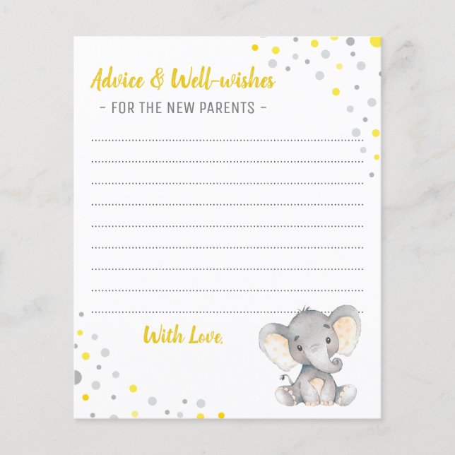 Yellow Grey Elephant Shower Partys Advice Cards (Vorderseite)