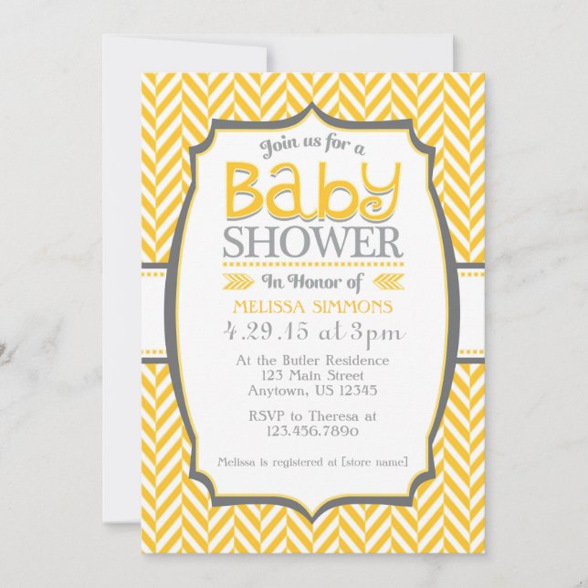 Yellow Grey Herringbone Baby Shower Einladungen (Vorderseite)