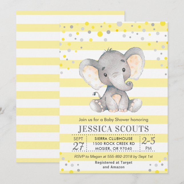 Yellow Grey Neutral Polka Dot Elephant Baby Dusche Einladung (Vorne/Hinten)