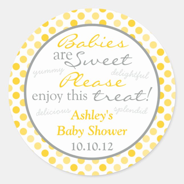 Yellow Grey Polka Dot Candy Buffet Babydusche Runder Aufkleber (Vorderseite)