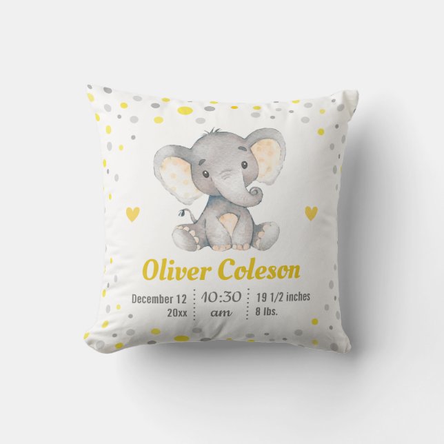 Yellow Grey Polka Dot Elephant Baby Stats Kinderzi Kissen (Vorderseite)