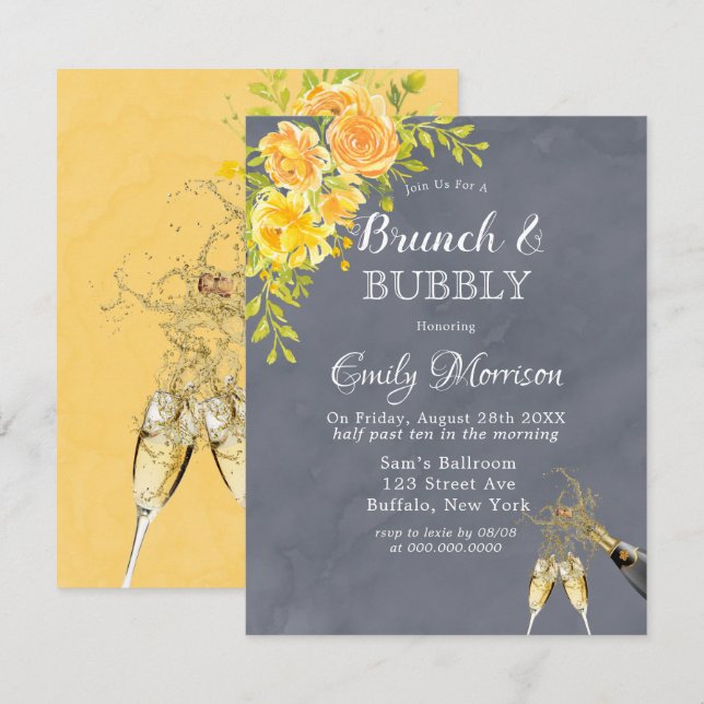Yellow Grey Rose Peony Champagne Brunch & Bubbly Einladung (Vorne/Hinten)