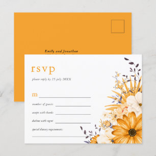 Yellow Grey Watercolor Florals Wedding RSVP Einladungspostkarte