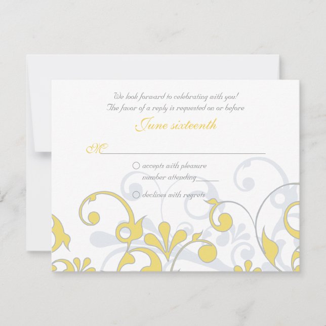 Yellow Grey White Abstrakt Floral Wedding RSVP (Vorderseite)