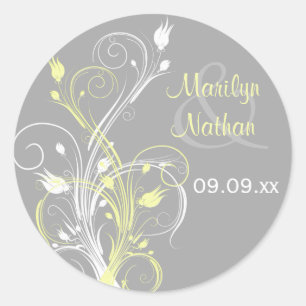 Yellow Grey White Floral 1,5" Hochzeitsaufkleber Runder Aufkleber