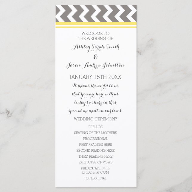 Yellow Grey Zickzack Wedding Program Programm (Vorderseite)
