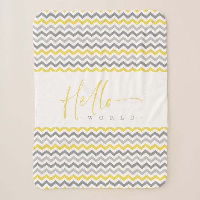 Yellow & Grey Zig Zag Stripes Hello World Quote Sherpadecke (Vorderseite)