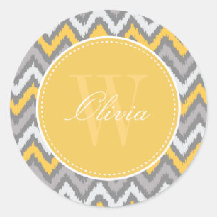 Yellow Grey Zigzag Ikat Pattern Monogram Runder Aufkleber