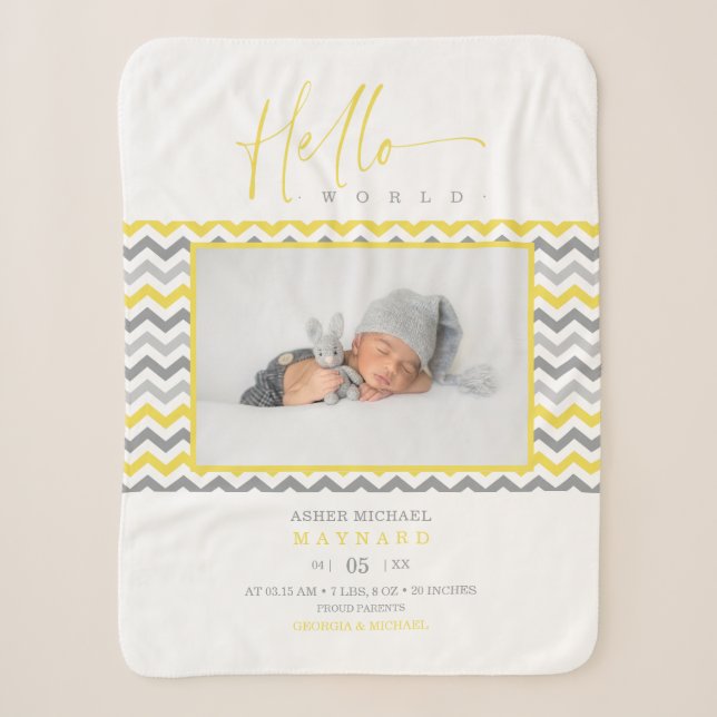Yellow Grey Zigzag Stripes Hello World Quote Photo Sherpadecke (Vorderseite)