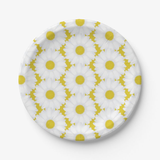 Yellow Groovy Retro Daisy Muster für Babydusche Pappteller (Vorderseite)