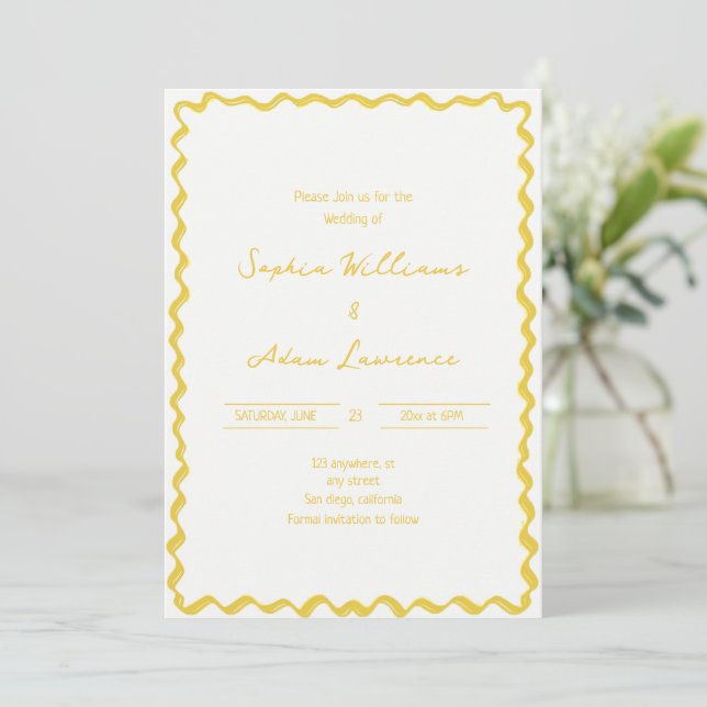 Yellow Hand Written Pinstripes Whimsical Wedding Einladung (Stehend Vorderseite)