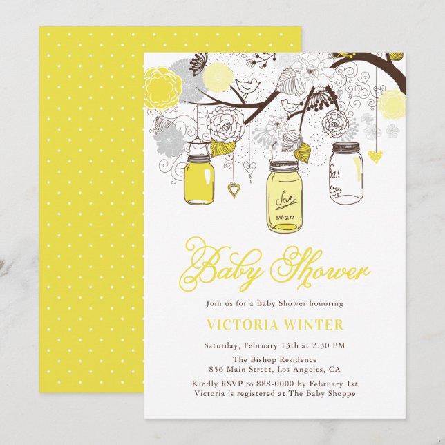 Yellow Hanging Mason Jars Floral Baby Shower Einladung (Vorne/Hinten)
