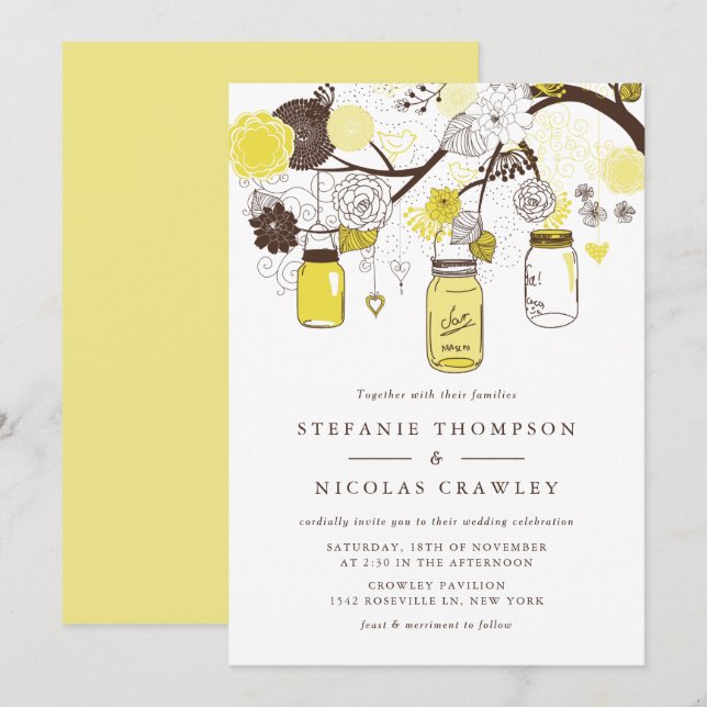 Yellow Hanging Mason Jars Wedding Einladung (Vorne/Hinten)