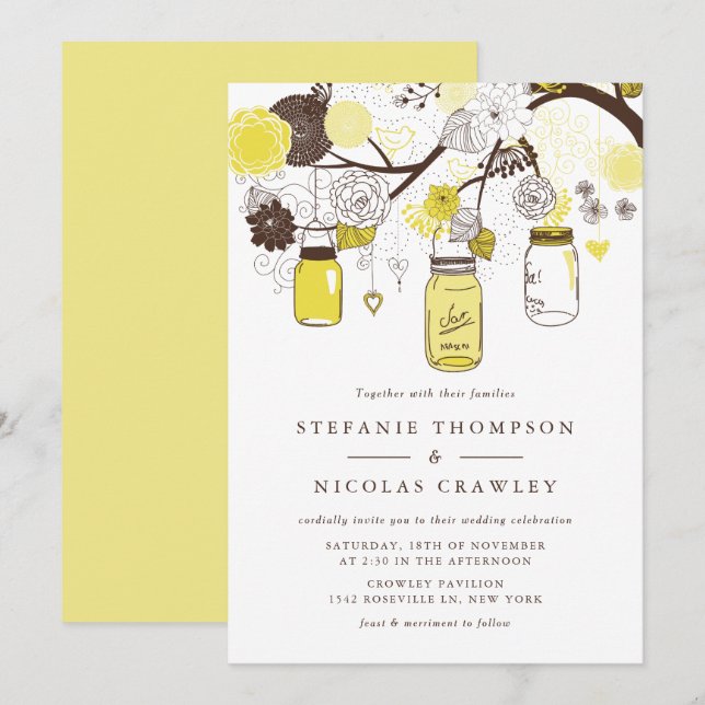 Yellow Hanging Mason Jars Wedding Einladung (Vorne/Hinten)