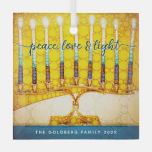 Yellow Hanukkah Menorah Peace Liebe Script Ornament Aus Glas