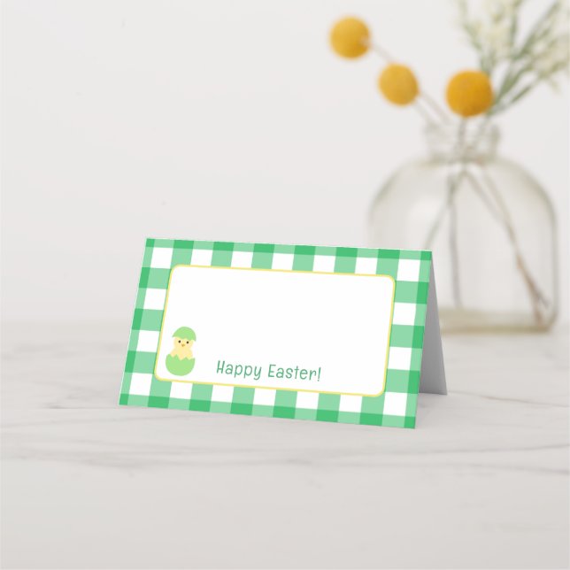 Yellow Happy Spring Chick Easter B Green Check Platzkarte (Vorderseite)