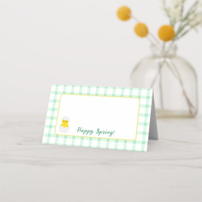 Yellow Happy Spring Chick Green Check Platzkarte (Vorderseite)