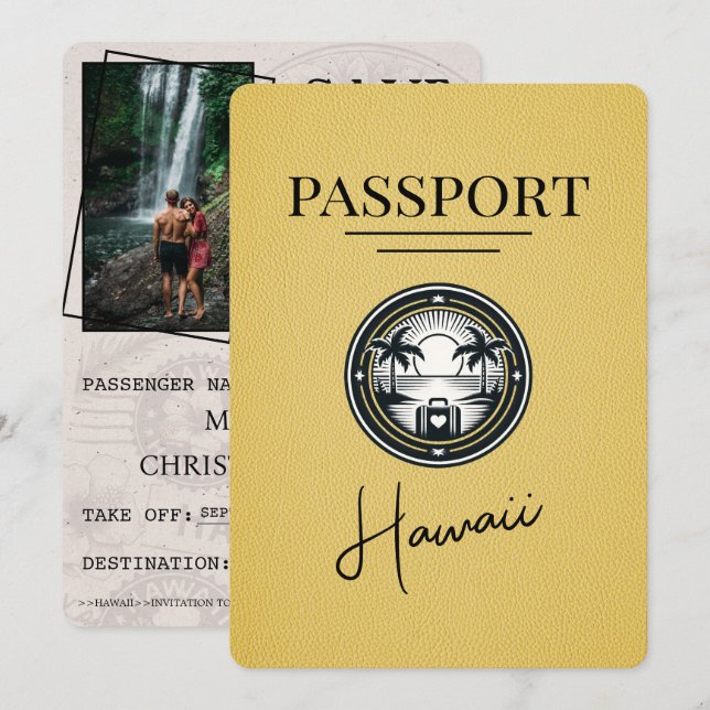 Yellow Hawaii Passport Save the Date (Vorne/Hinten)