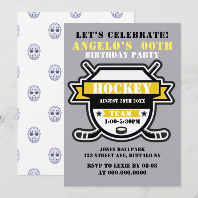 Yellow Hockey Thema Birthday Party Einladungen (Vorne/Hinten)