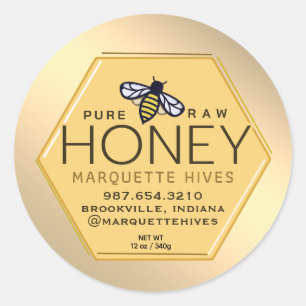Yellow Honey Hexagon Label Bees Honeycomb Gold Runder Aufkleber