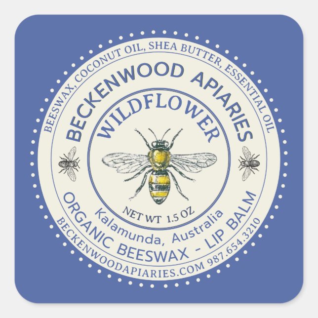 Yellow Honeybee LIP BALM Label Beekeeper Blue Quadratischer Aufkleber (Vorderseite)