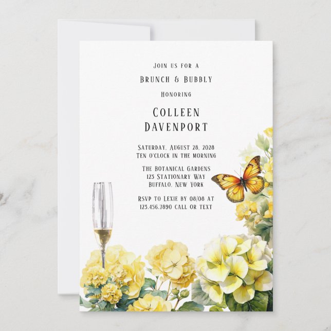 Yellow Hydrangea Butterfly Brunch & Bubbly Einladung (Vorderseite)
