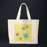 Yellow Iconic Atomic Sternexplosion Muster Tasche<br><div class="desc">Diese gelbe Ikonische Atomic Sternexplosion Muster Tote-Tasche zeigt ikonische atomare Sternexplosionen. Das ist richtig! Die alte Schule, der gelbe Hintergrund mit goldenen Falten ist der perfekte Hintergrund für die lebendigen türkisfarbenen, sanften Sellerie und die kitschigen Birnen grünen Kreise. Die Farbflecken sind sporadisch in verschiedenen Größen platziert, wobei schwarze V-förmige Linien...</div>