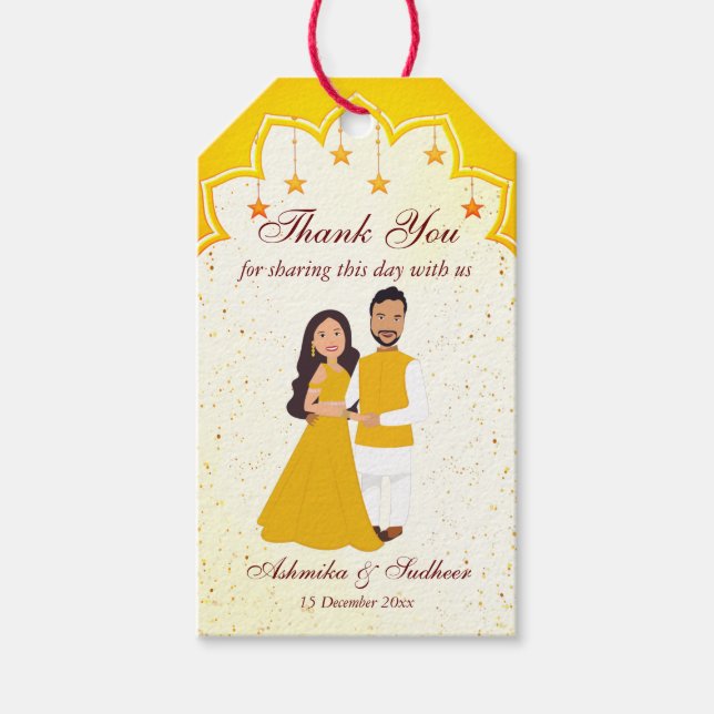 Yellow Indian border for Joint haldi danke Geschenkanhänger (Vorderseite)
