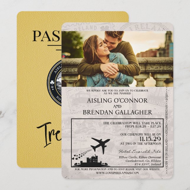 Yellow Ireland Passport Wedding Einladung (Vorne/Hinten)