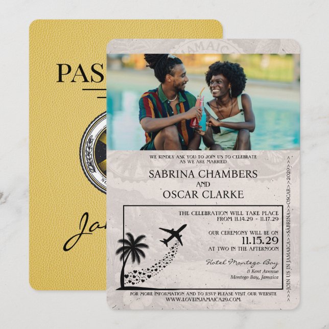 Yellow Jamaica Passport Hochzeitseinladung Einladung (Vorne/Hinten)