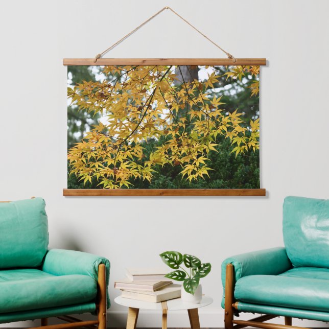 Yellow Japanese Maple Blätter Fotografy Wandteppich Mit Holzrahmen (Wohnzimmer)