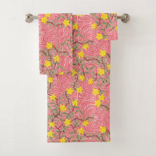 Yellow Jasmine Blume auf Korallenrosa Badhandtuch Set