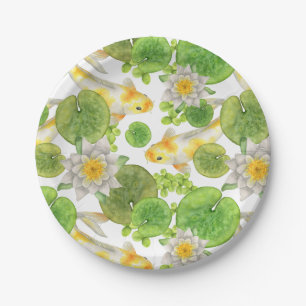 Yellow Koi Fish and White Water Lilies Pond Pappteller