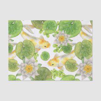 Yellow Koi Fish and White Water Lilies Pond Seidenpapier