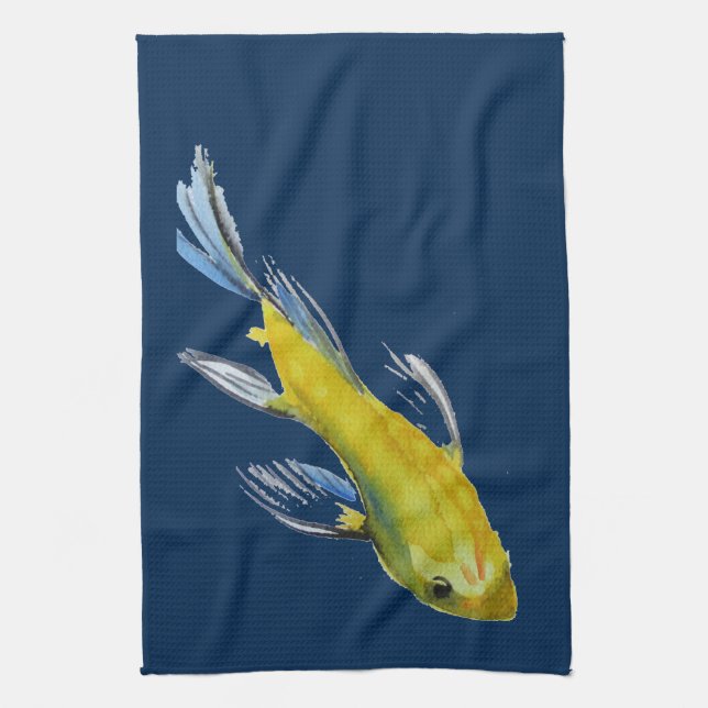 Yellow koi Japanischer Karpfen Aquarellfisch Geschirrtuch (Vertikal)