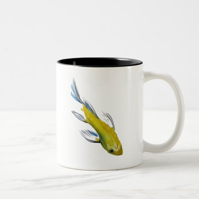 Yellow koi Japanischer Karpfen Aquarellfisch Zweifarbige Tasse (Rechts)