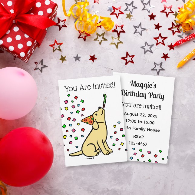 Yellow Labrador Confetti Geburtstagspartei Einladung (Yellow Labrador Confetti Birthday Party Invitation for Labrador Owners.  Cartoon art design.)
