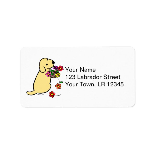 Yellow Labrador Puppy Blume Basket Cartoon Adressaufkleber (Vorne)