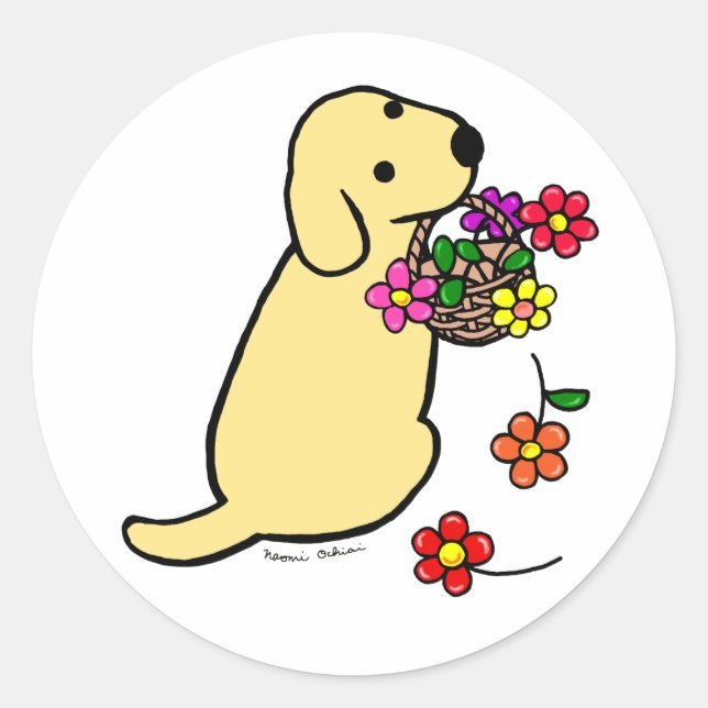 Yellow Labrador Puppy Blume Basket Cartoon Runder Aufkleber (Vorderseite)