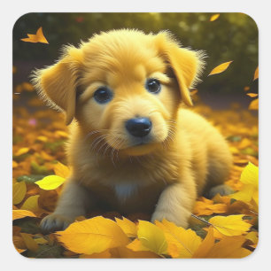 Yellow Labrador Puppy Playing in Herbstlauben Quadratischer Aufkleber