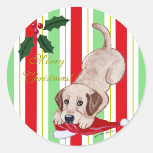 Yellow Labrador Puppy & Weihnachtsmannmütze Christ Runder Aufkleber