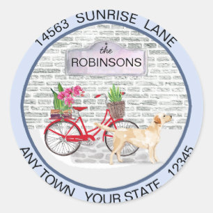 Yellow Labrador Retriever Bicycle Address Moving Runder Aufkleber