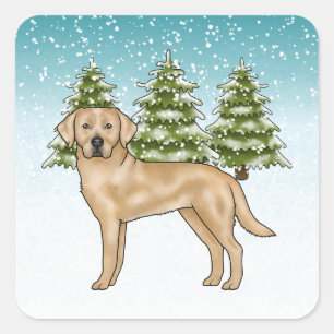 Yellow Labrador Retriever Blue Snowy Winterwald Quadratischer Aufkleber